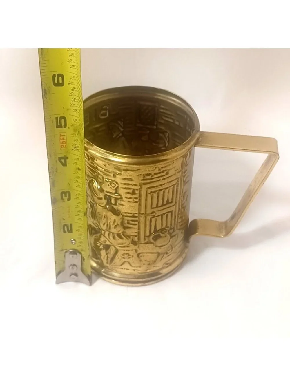 Vtg Brass Beer Mug Decorative Bierpul Cup Embossed Tavern Scene Made in Holland